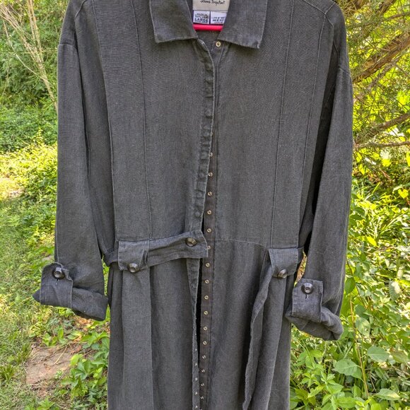 Vintage FLAX Linen Snap Button Front Maxi Dress Duster Workwear Size Large - Picture 4 of 5